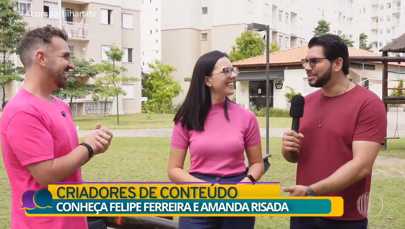 Felipe Ferreira e Amanda Risada em entrevista para o programa Compartilha, da TV Diário, com a legenda Criadores de conteúdo
